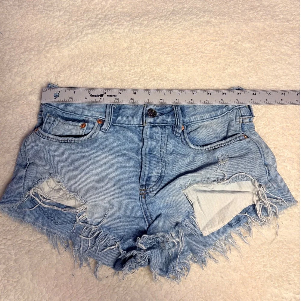 We The Free Free People Light Wash Distressed Denim Micro Mini Shorts  #16